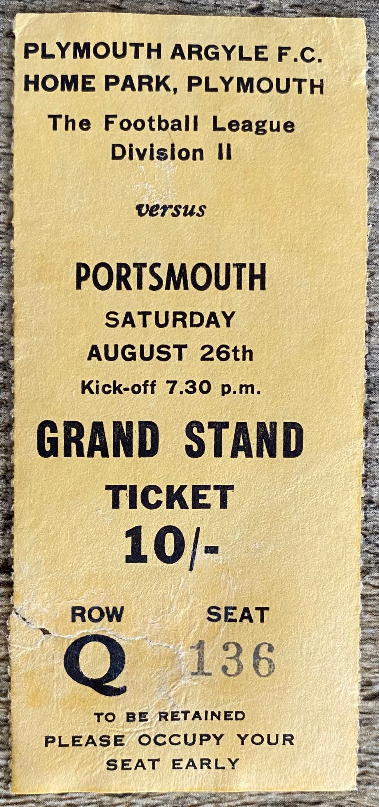 1967/68  ORIGINAL DIVISION 2 TICKET PLYMOUTH ARGYLE V PORTSMOUTH