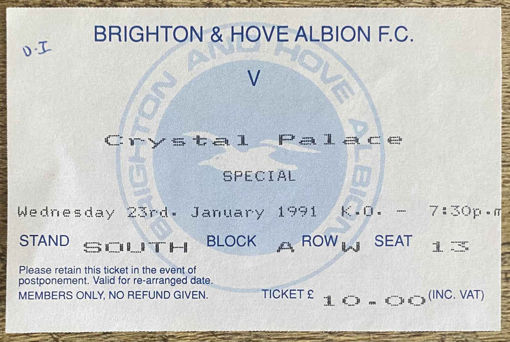 1990/91 ORIGINAL ZENITH DATA SYSTEMS CUP QUARTER FINAL TICKET BRIGHTON AND HOVE ALBION V CRYSTAL PALACE