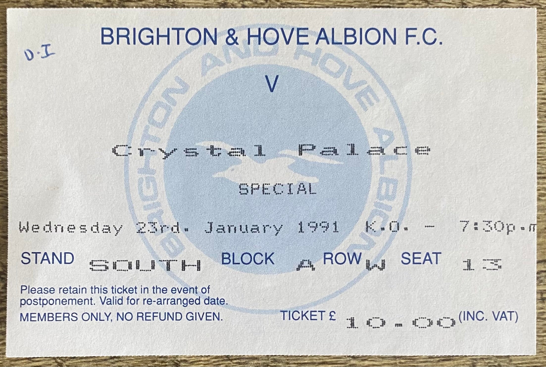 1990/91 ORIGINAL ZENITH DATA SYSTEMS CUP QUARTER FINAL TICKET BRIGHTON AND HOVE ALBION V CRYSTAL PALACE