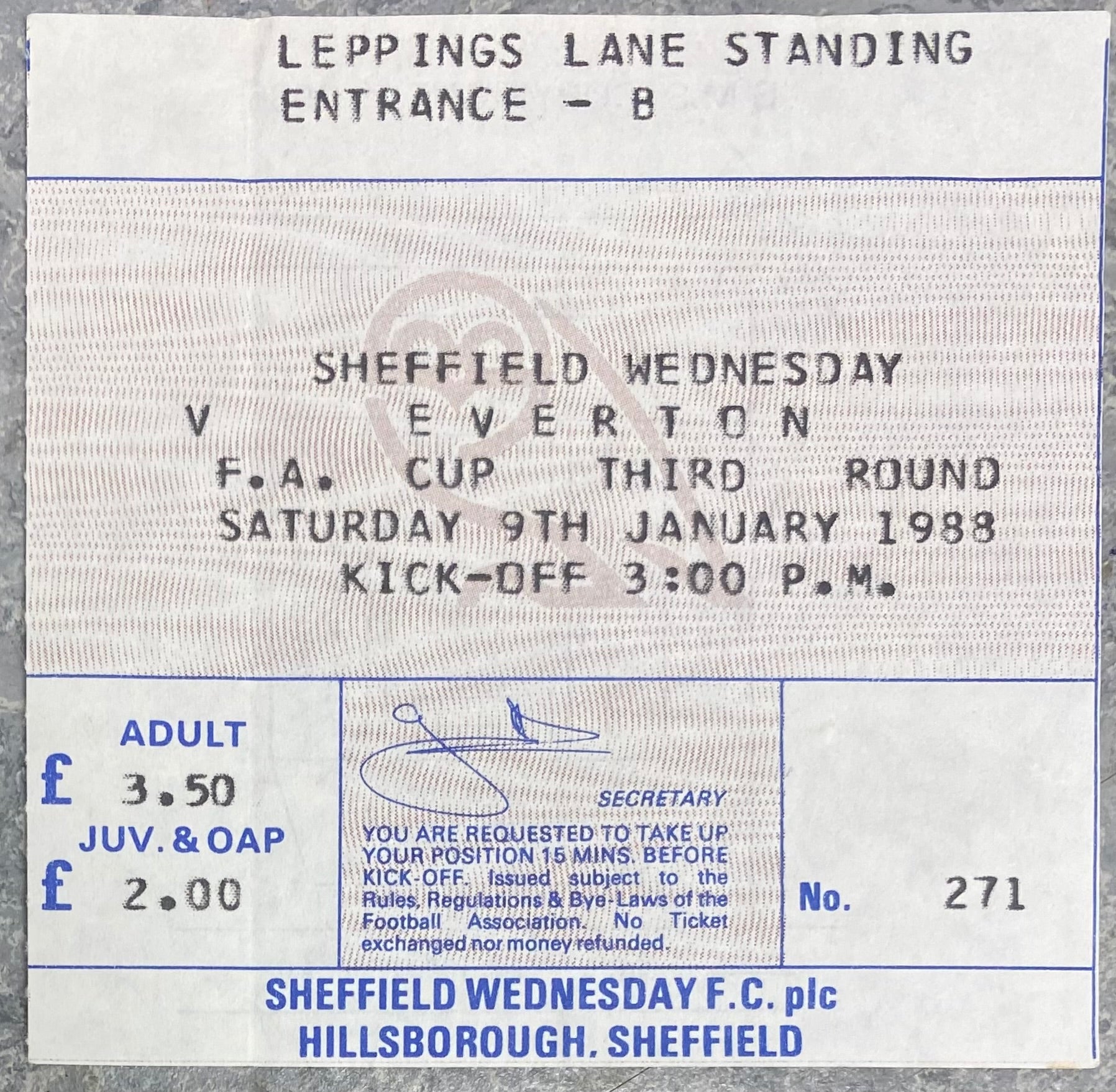 1987/88 ORIGINAL FA CUP 3RD ROUND TICKET SHEFFIELD WEDNESDAY V EVERTON