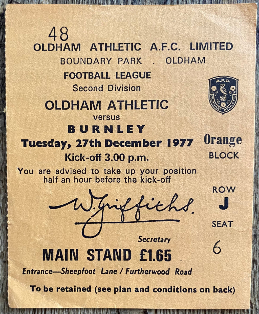 1977/78 ORIGINAL DIVISION 2 TICKET OLDHAM ATHLETIC V BURNLEY