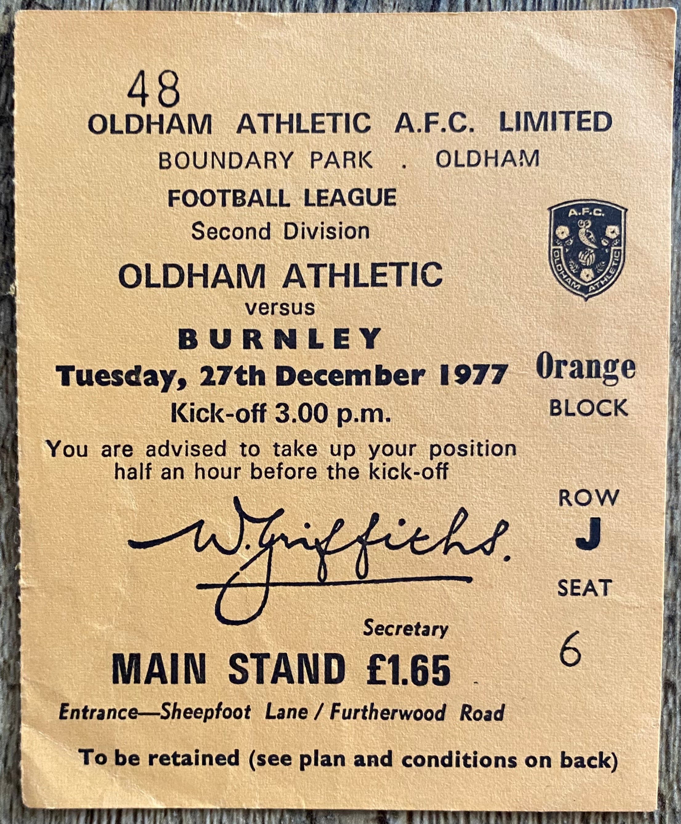 1977/78 ORIGINAL DIVISION 2 TICKET OLDHAM ATHLETIC V BURNLEY