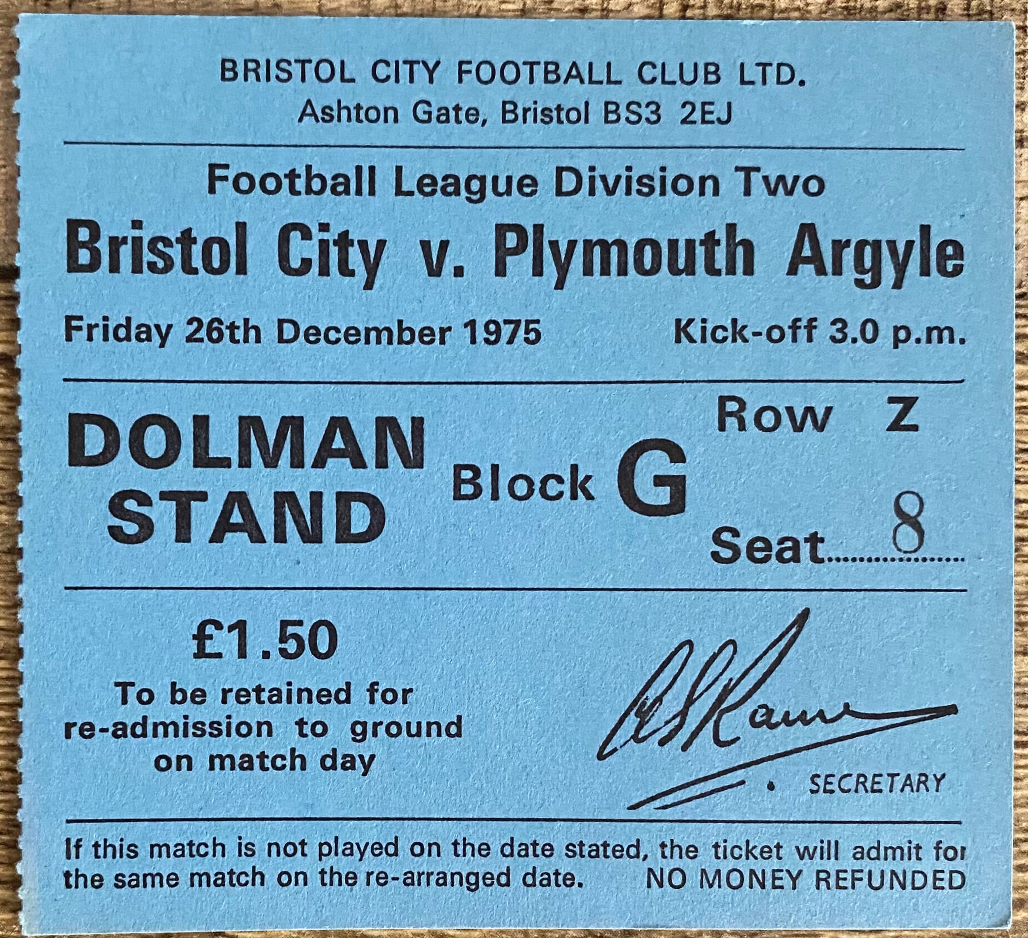 1975/76 ORIGINAL DIVISION 2 TICKET BRISTOL CITY V PLYMOUTH ARGYLE