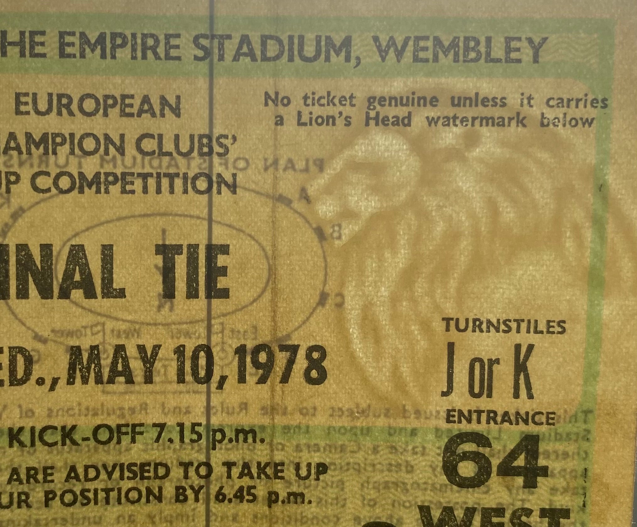 1978 ORIGINAL EUROPEAN CUP FINAL TICKET LIVERPOOL V FC BRUGES @ WEMBLEY