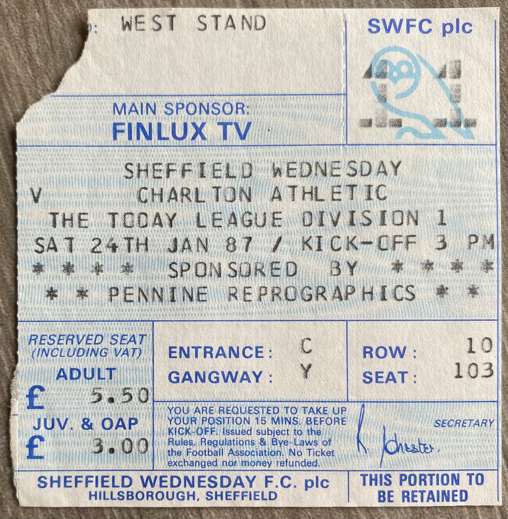 1986/87 ORIGINAL DIVISION 1 TICKET SHEFFIELD WEDNESDAY V CHARLTON ATHLETIC