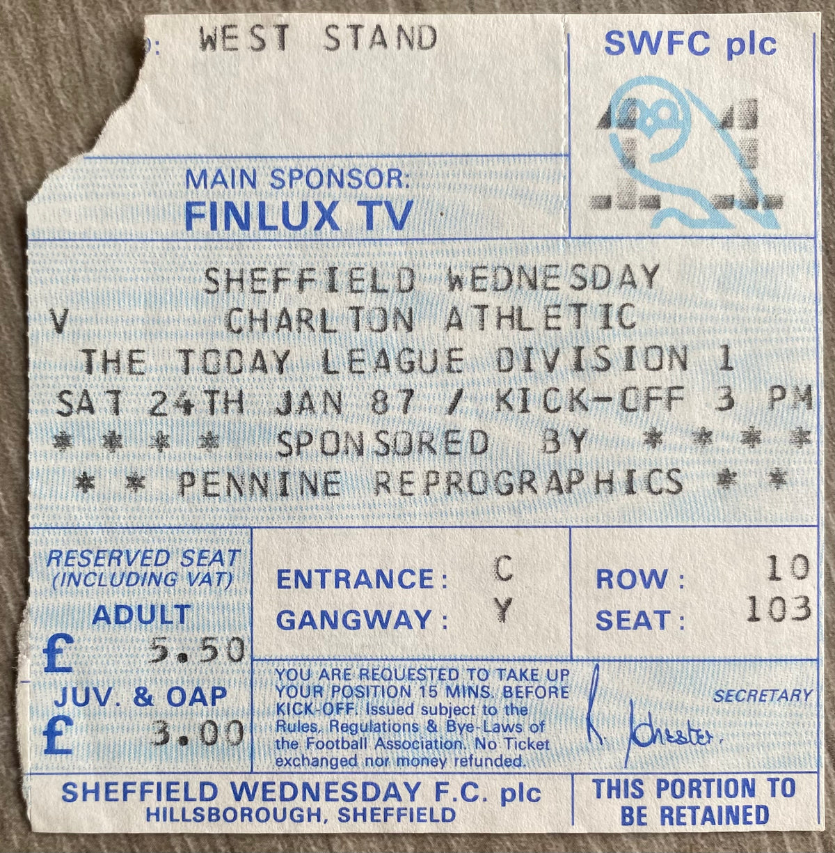 1986/87 ORIGINAL DIVISION 1 TICKET SHEFFIELD WEDNESDAY V CHARLTON ATHLETIC