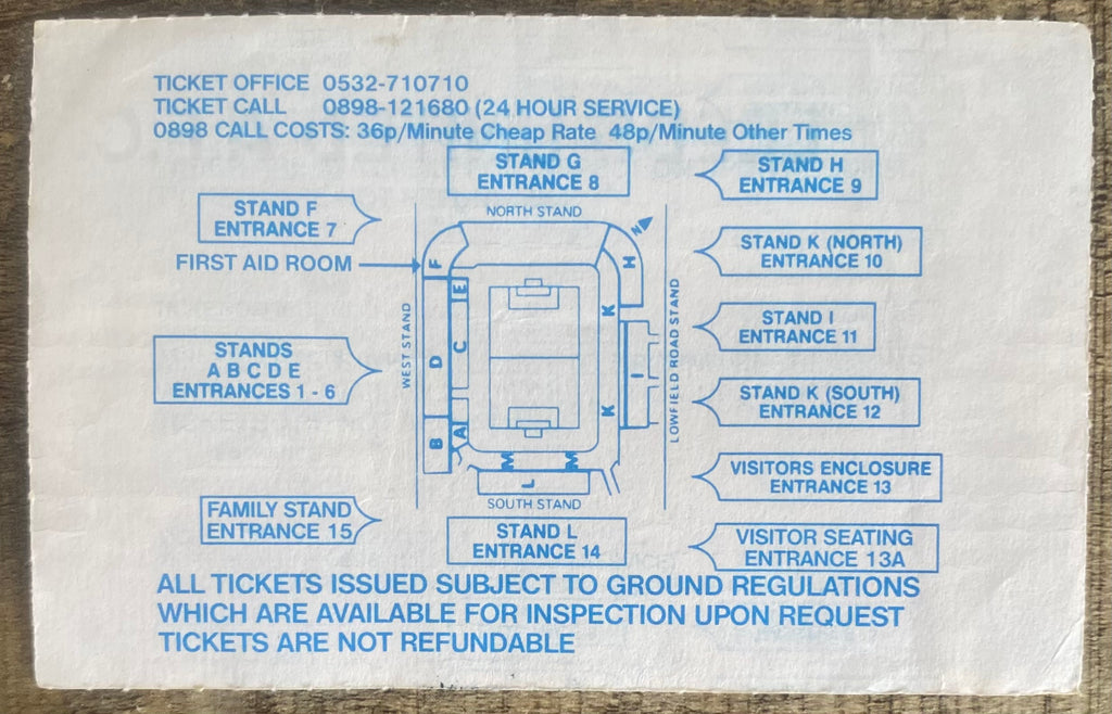 1991/92 ORIGINAL DIVISION 1 TICKET LEEDS UNITED V TOTTENHAM HOTSPUR