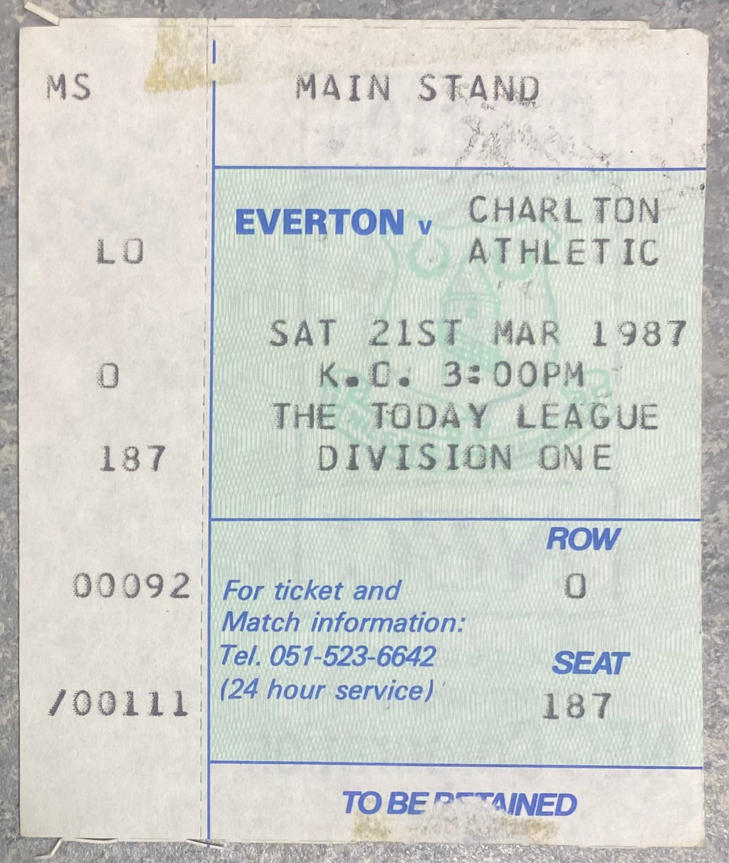 1986/87 ORIGINAL DIVISION ONE TICKET EVERTON V CHARLTON ATHLETIC