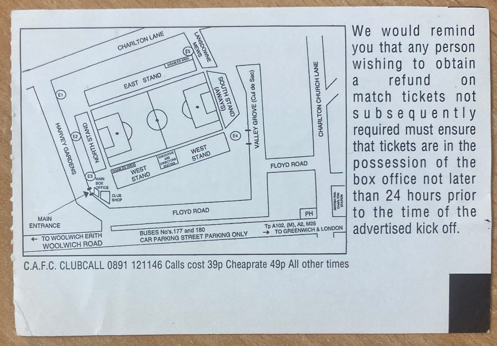 1994/95 ORIGINAL PRE SEASON FRIENDLY TICKET CHARLTON ATHLETIC V CRYSTAL PALACE