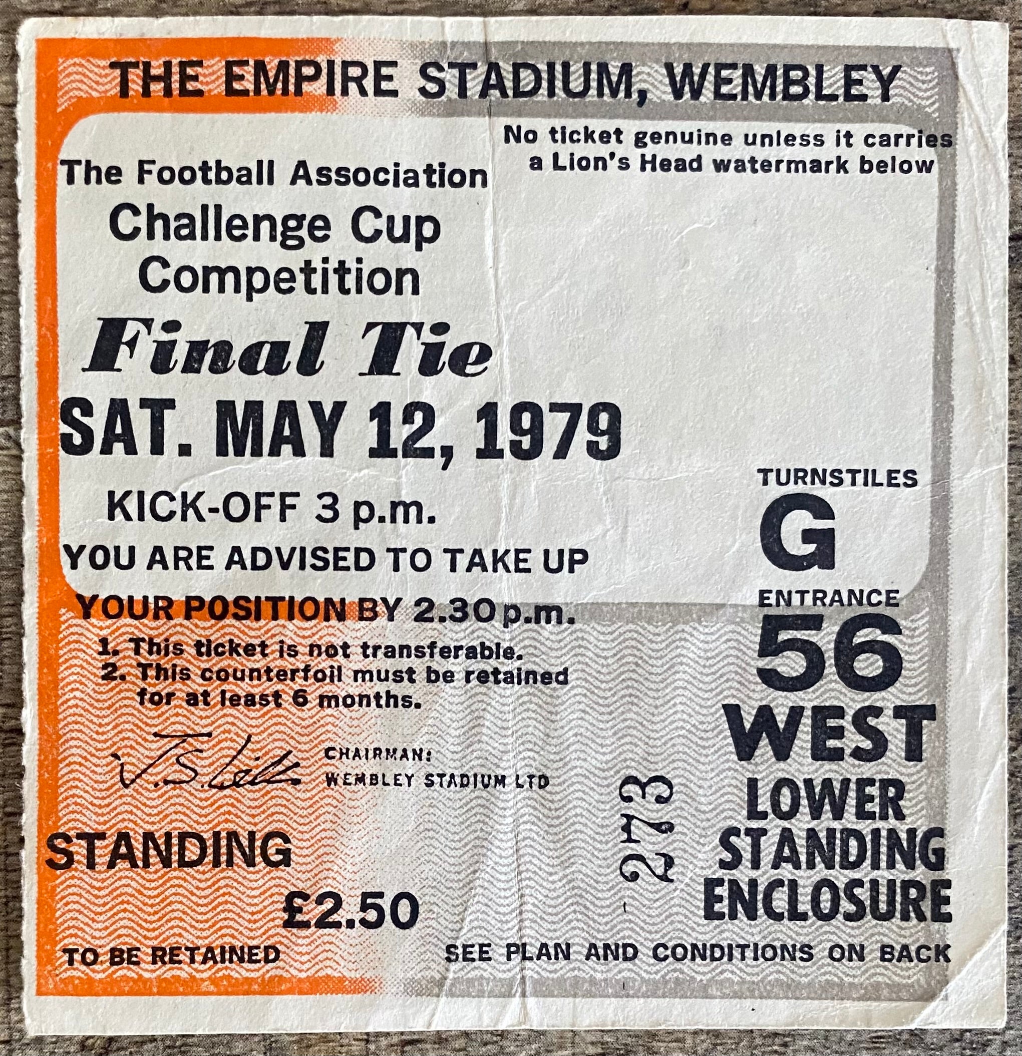 1979 ORIGINAL FA CUP FINAL TICKET ARSENAL V MANCHESTER UNITED