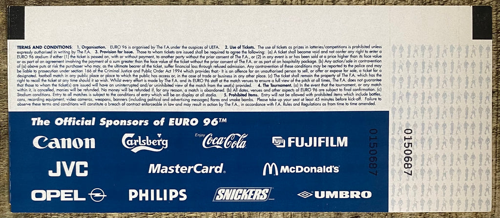 1996 ORIGINAL EUROPEAN CHAMPIONSHIPS EURO 96 UNUSED TICKET NETHERLANDS V SWITZERLAND @ VILLA PARK
