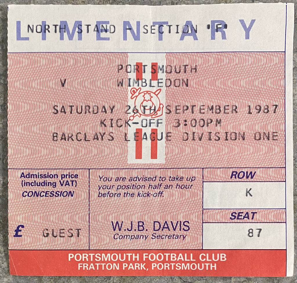 1987/88 ORIGINAL DIVISION 1 TICKET PORTSMOUTH V WIMBLEDON