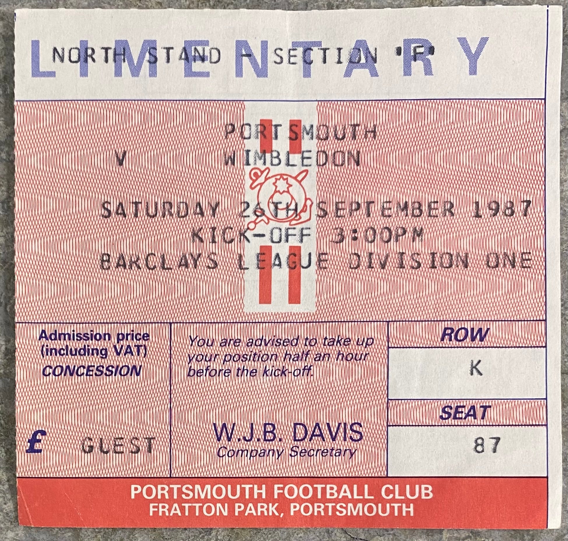 1987/88 ORIGINAL DIVISION 1 TICKET PORTSMOUTH V WIMBLEDON