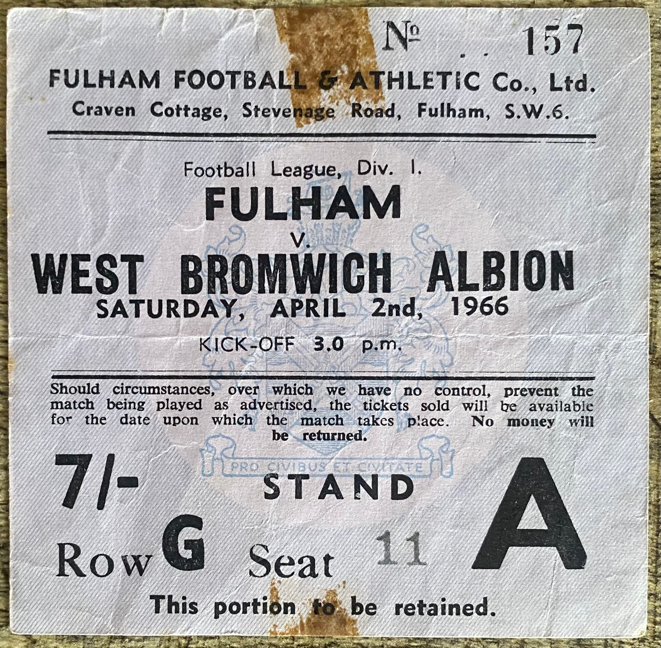 1965/66 ORIGINAL DIVISION 1 TICKET FULHAM V WEST BROMWICH ALBION