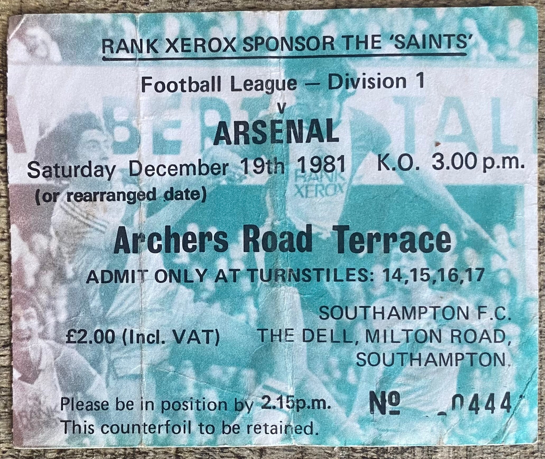 1981/82 ORIGINAL DIVISION ONE TICKET SOUTHAMPTON V ARSENAL