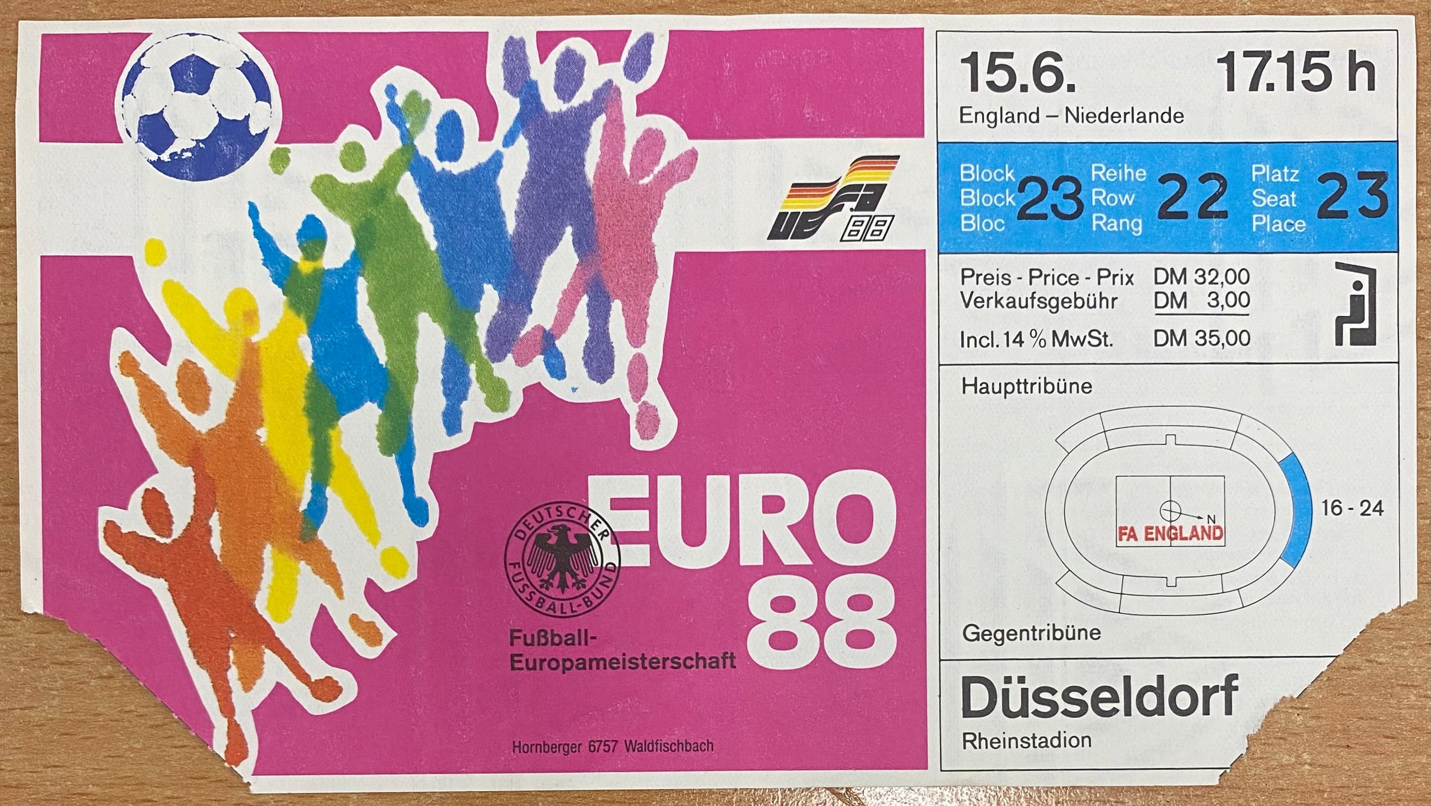 1988 ORIGINAL EURO 88 TICKET ENGLAND V NETHERLANDS @ DUSSELDORF
