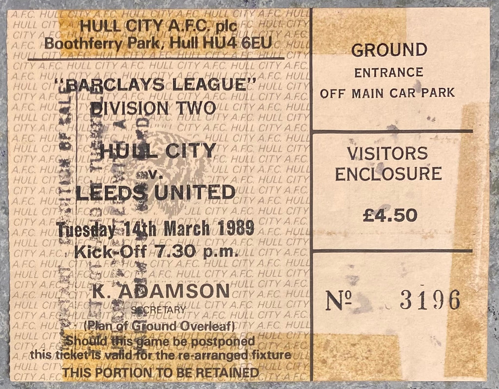 1988/89 ORIGINAL DIVISION TWO TICKET HULL CITY V LEEDS UNITED