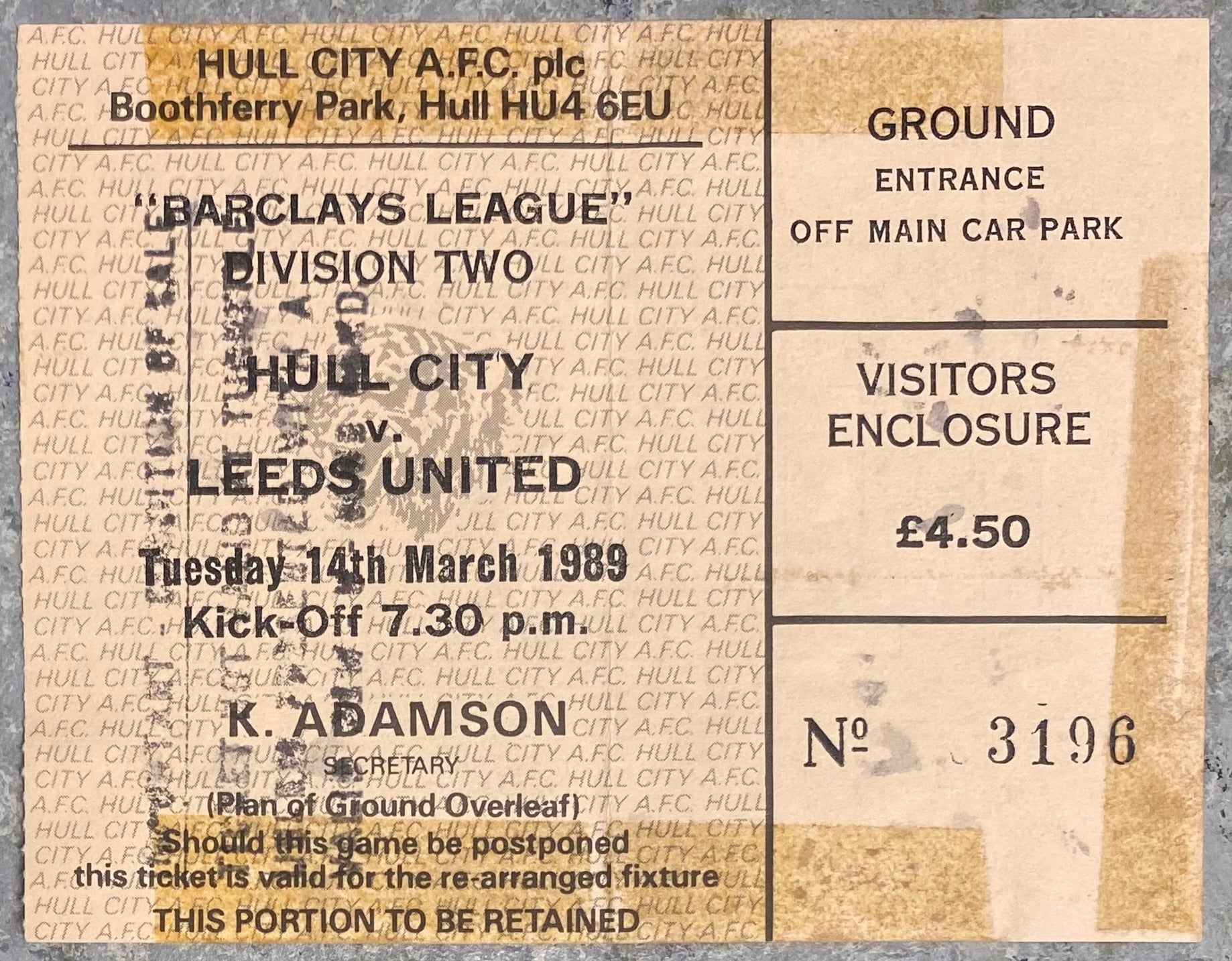 1988/89 ORIGINAL DIVISION TWO TICKET HULL CITY V LEEDS UNITED