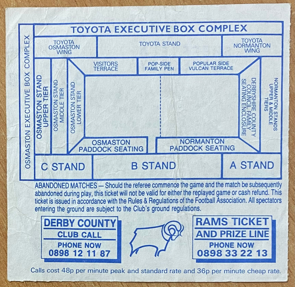 1992/93 ORIGINAL FA CUP 6TH  ROUND TICKET DERBY COUNTY V SHEFFIELD WEDNESDAY
