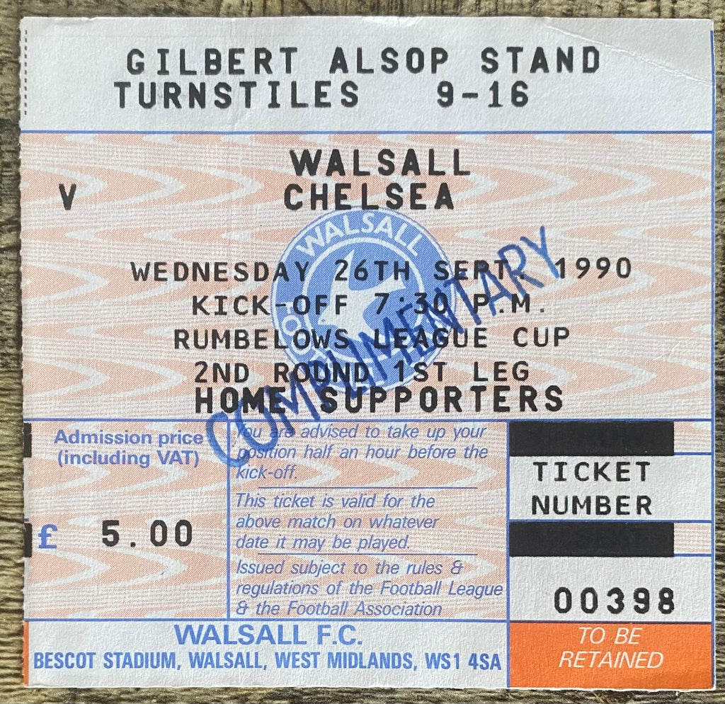 1990/91 ORIGINAL RUMBELOWS CUP 2ND ROUND 1ST LEG TICKET WALSALL V CHELSEA