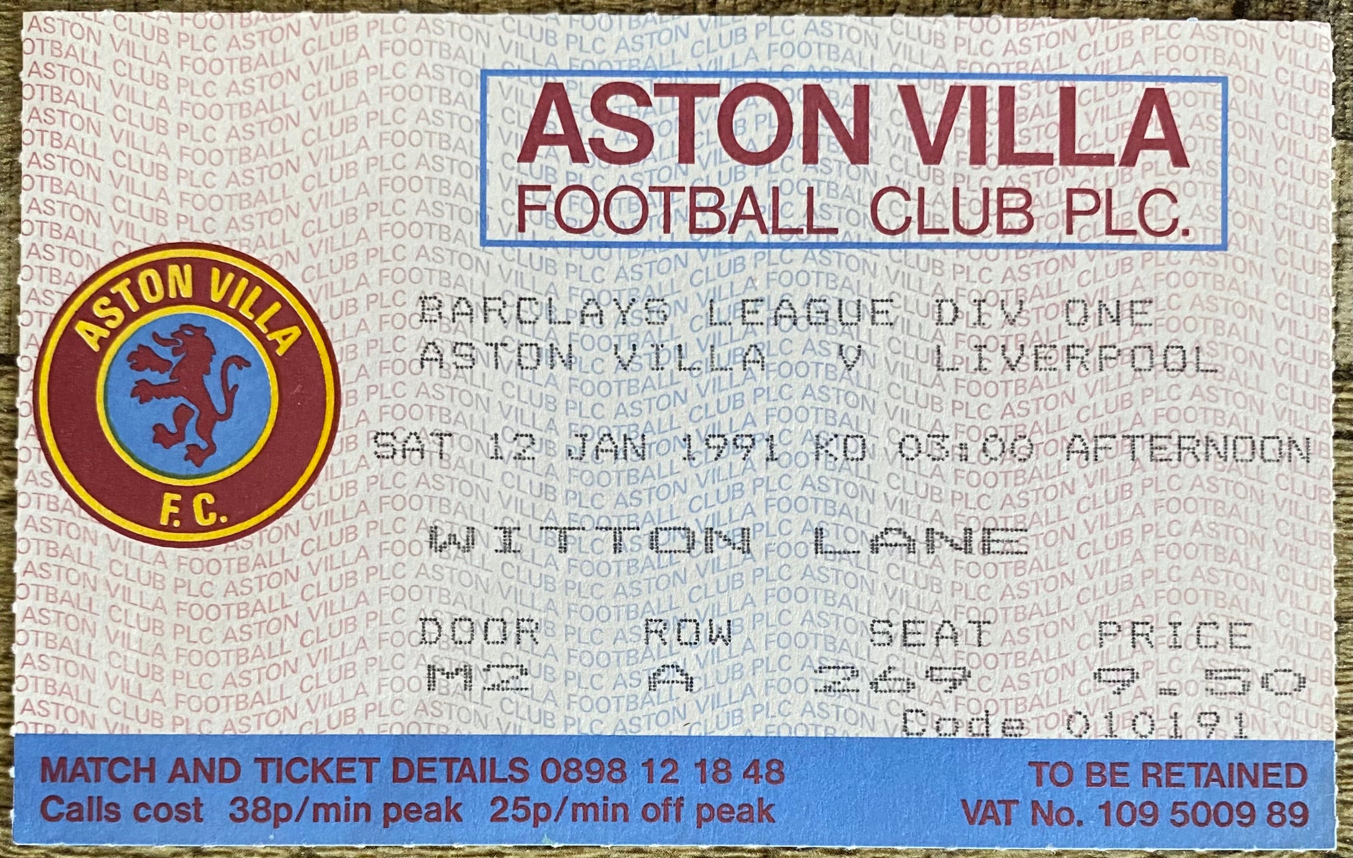 1990/91 ORIGINAL DIVISION 1 TICKET ASTON VILLA V LIVERPOOL