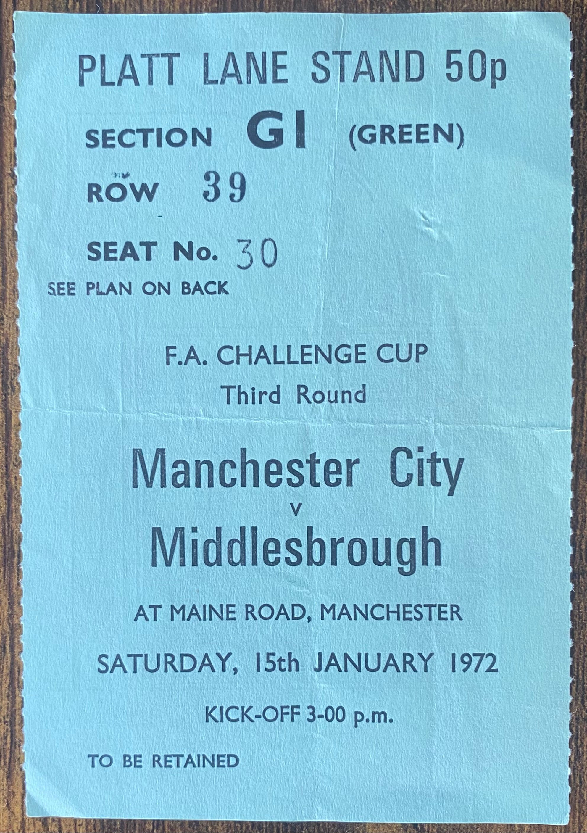 1971/72 ORIGINAL FA CUP 3RD ROUND TICKET MANCHESTER CITY V MIDDLESBROUGH