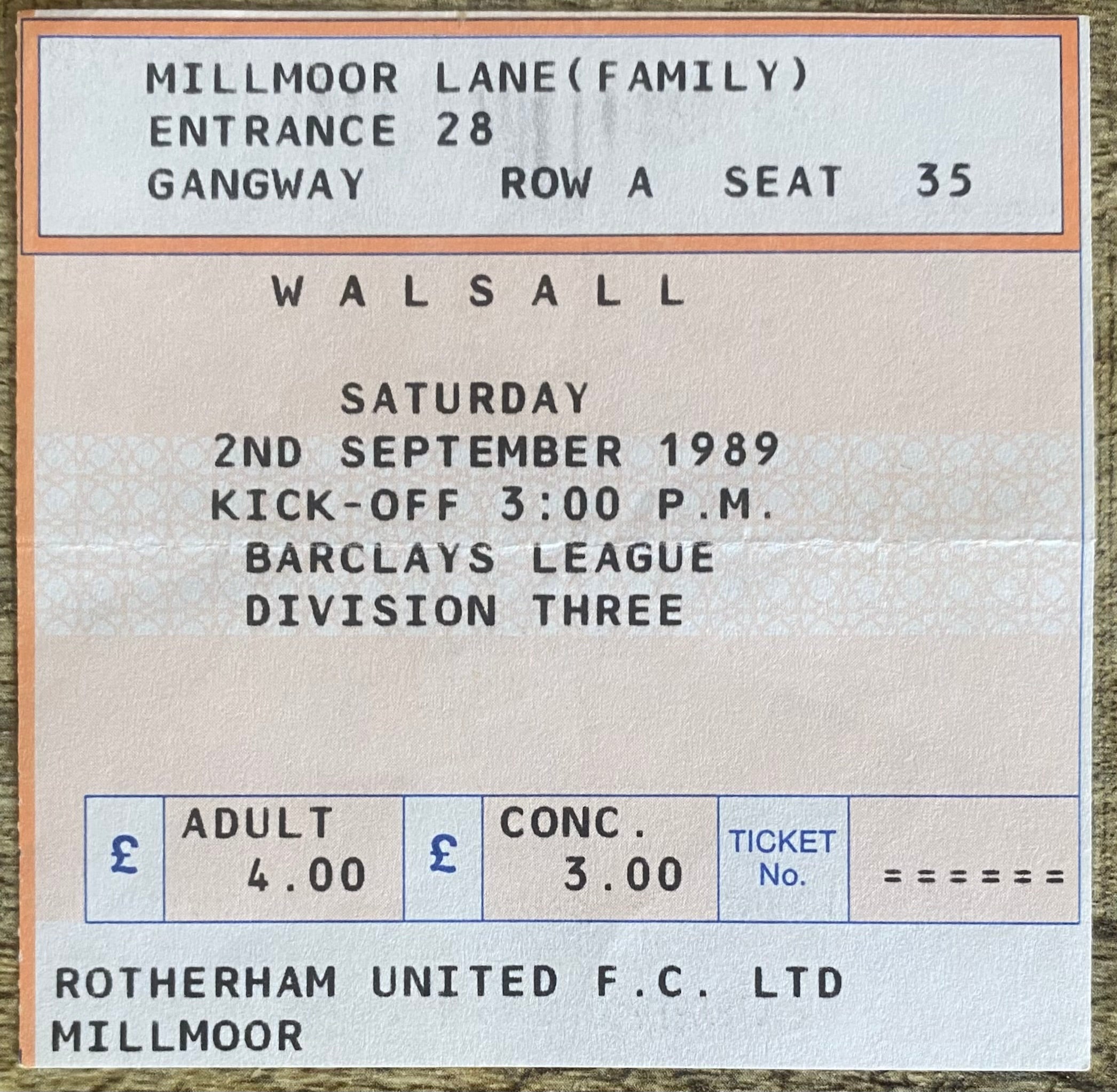 1989/90 ORIGINAL DIVISION 3 TICKET ROTHERHAM V WALSALL
