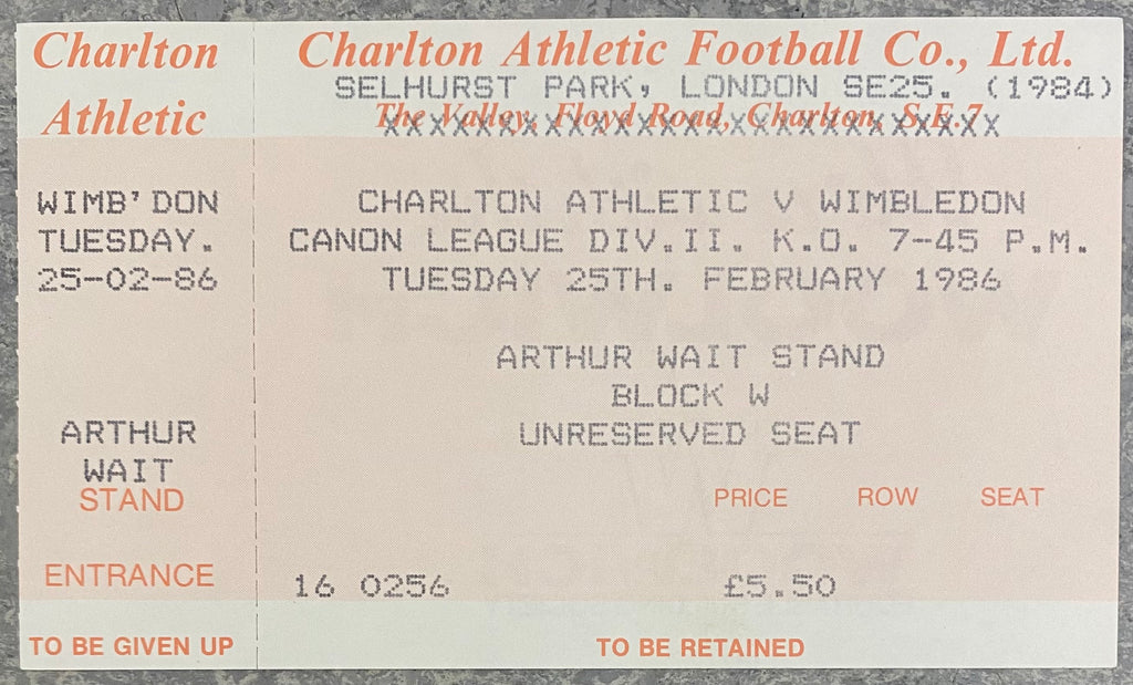 1985/86 ORIGINAL DIVISION TWO UNUSED TICKET CHARLTON ATHLETIC V WIMBLEDON