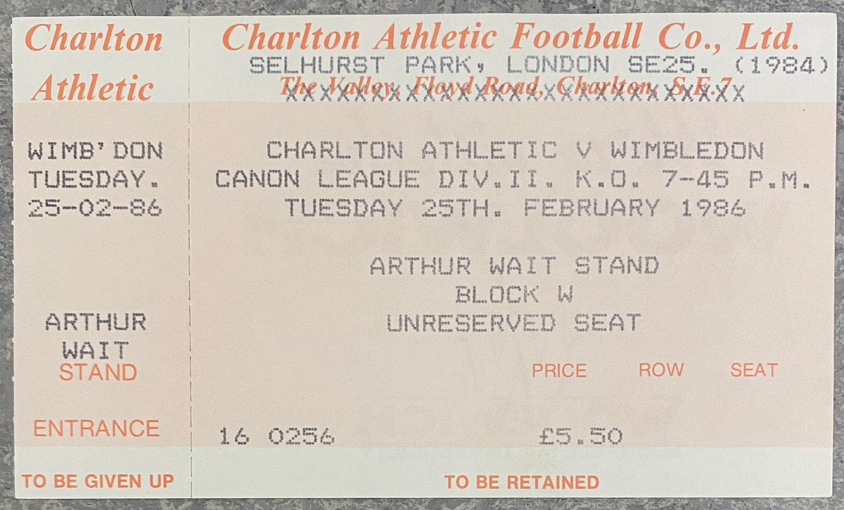 1985/86 ORIGINAL DIVISION TWO UNUSED TICKET CHARLTON ATHLETIC V WIMBLEDON