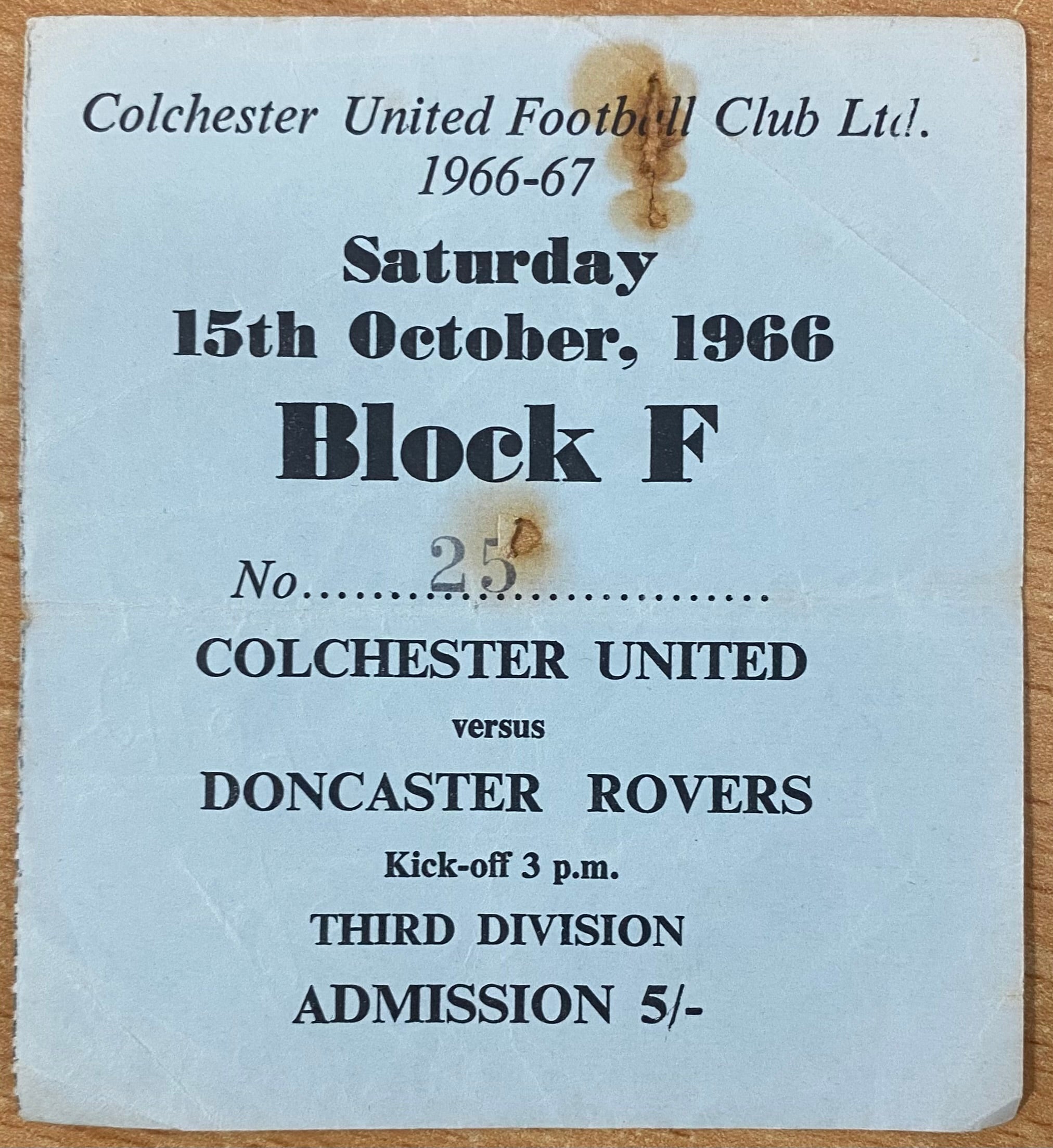 1966/67 ORIGINAL DIVISION 3 TICKET COLCHESTER UNITED V DONCASTER ROVERS