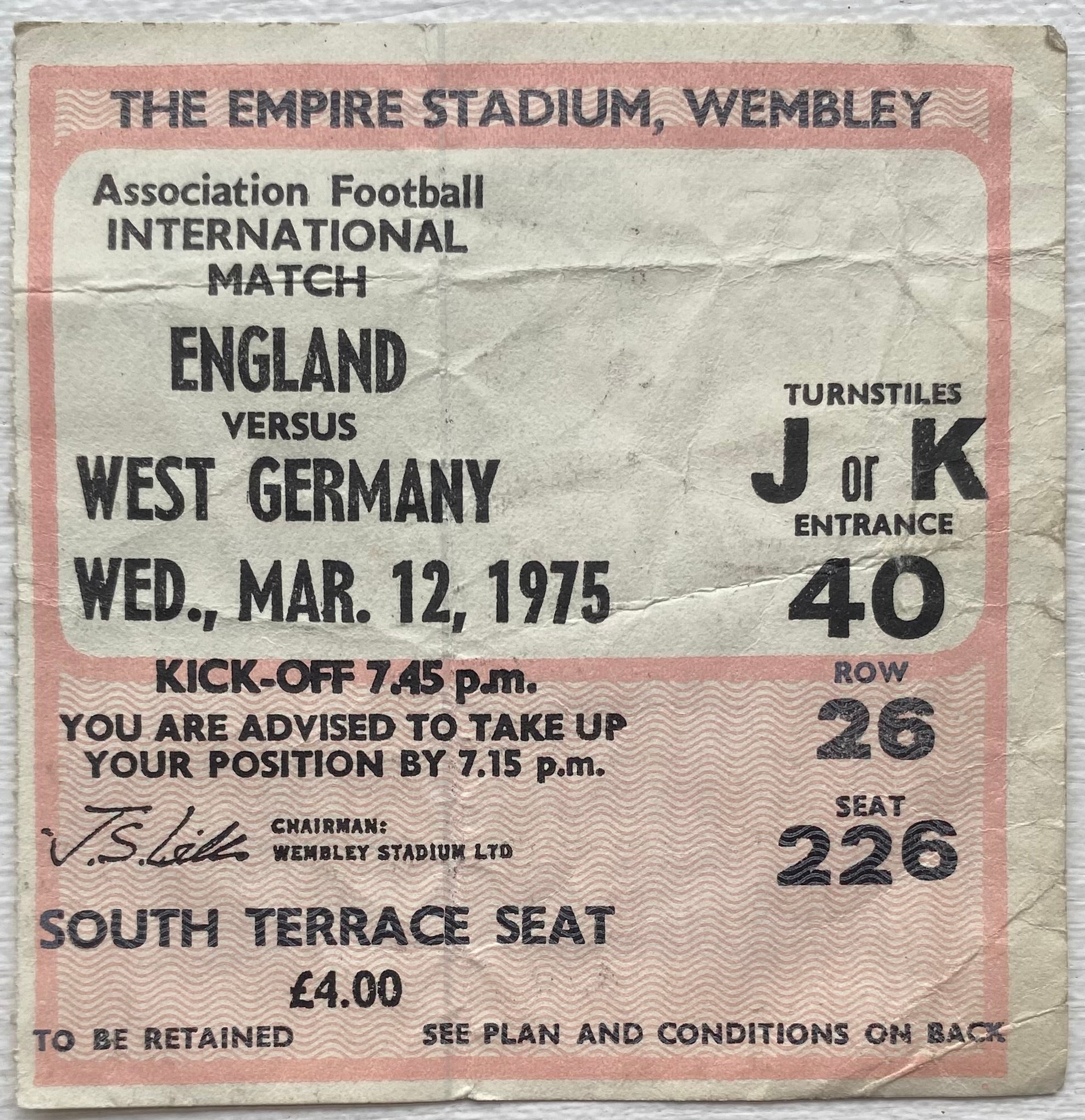 1975 ORIGINAL INTERNATIONAL TICKET ENGLAND V WEST GERMANY
