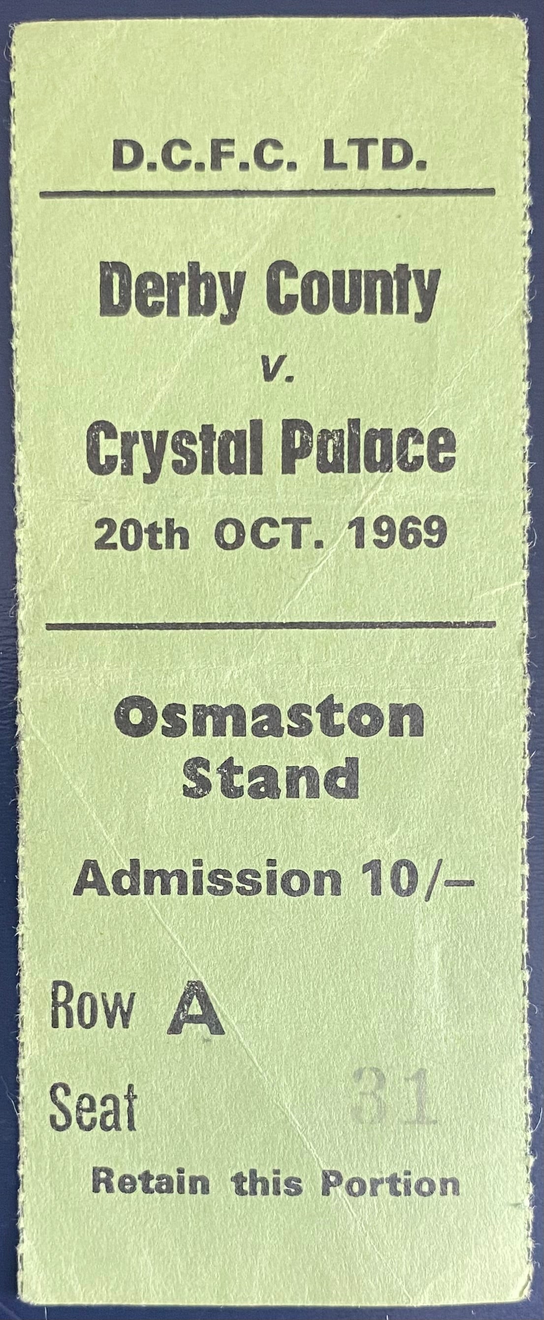 1969/70 ORIGINAL LEAGUE CUP 4TH ROUND REPLAY TICKET DERBY COUNTY V CRYSTAL PALACE