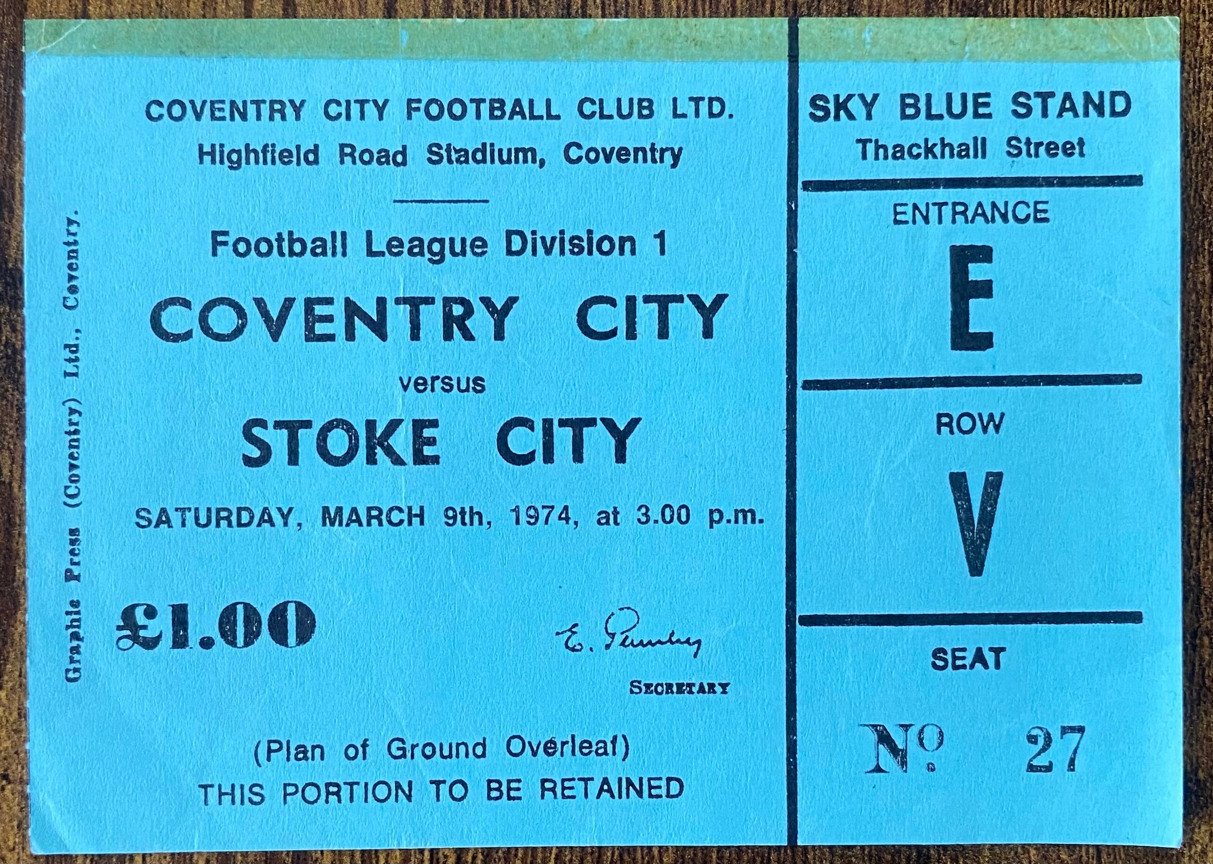 1973/74 ORIGINAL DIVISION 1 TICKET COVENTRY CITY V STOKE CITY