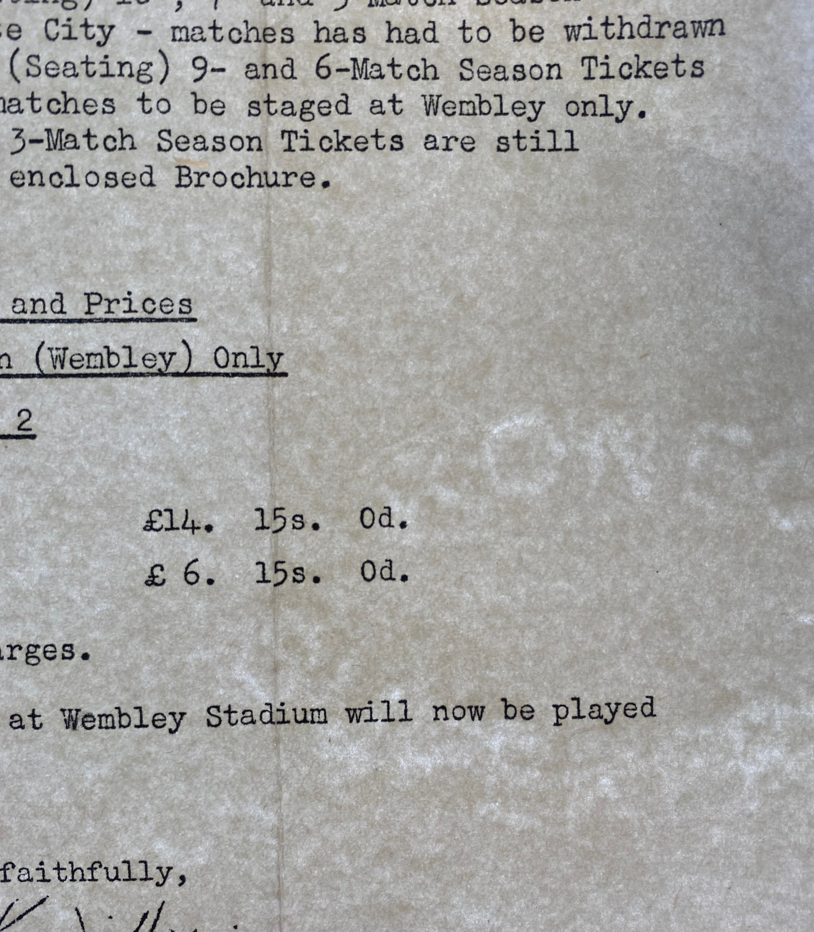 1966 WORLD CUP ORIGINAL OFFICIAL LETTER (TICKET SALES ENQUIRY) JULY 1965