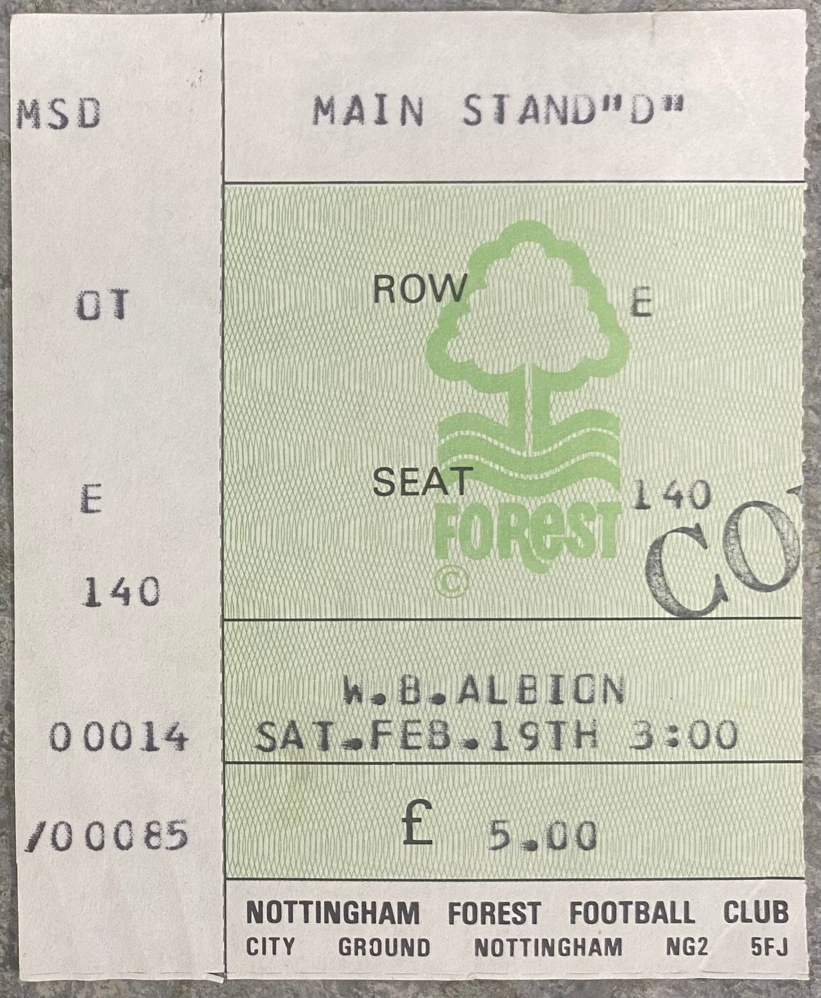 1982/83 ORIGINAL DIVISION 1 TICKET NOTTINGHAM FOREST V WEST BROMWICH ALBION