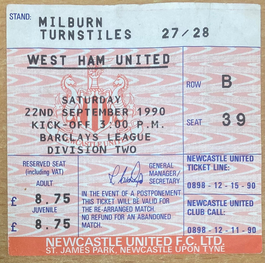 1990/91 ORIGINAL DIVISION 2 TICKET NEWCASTLE UNITED V WEST HAM UNITED