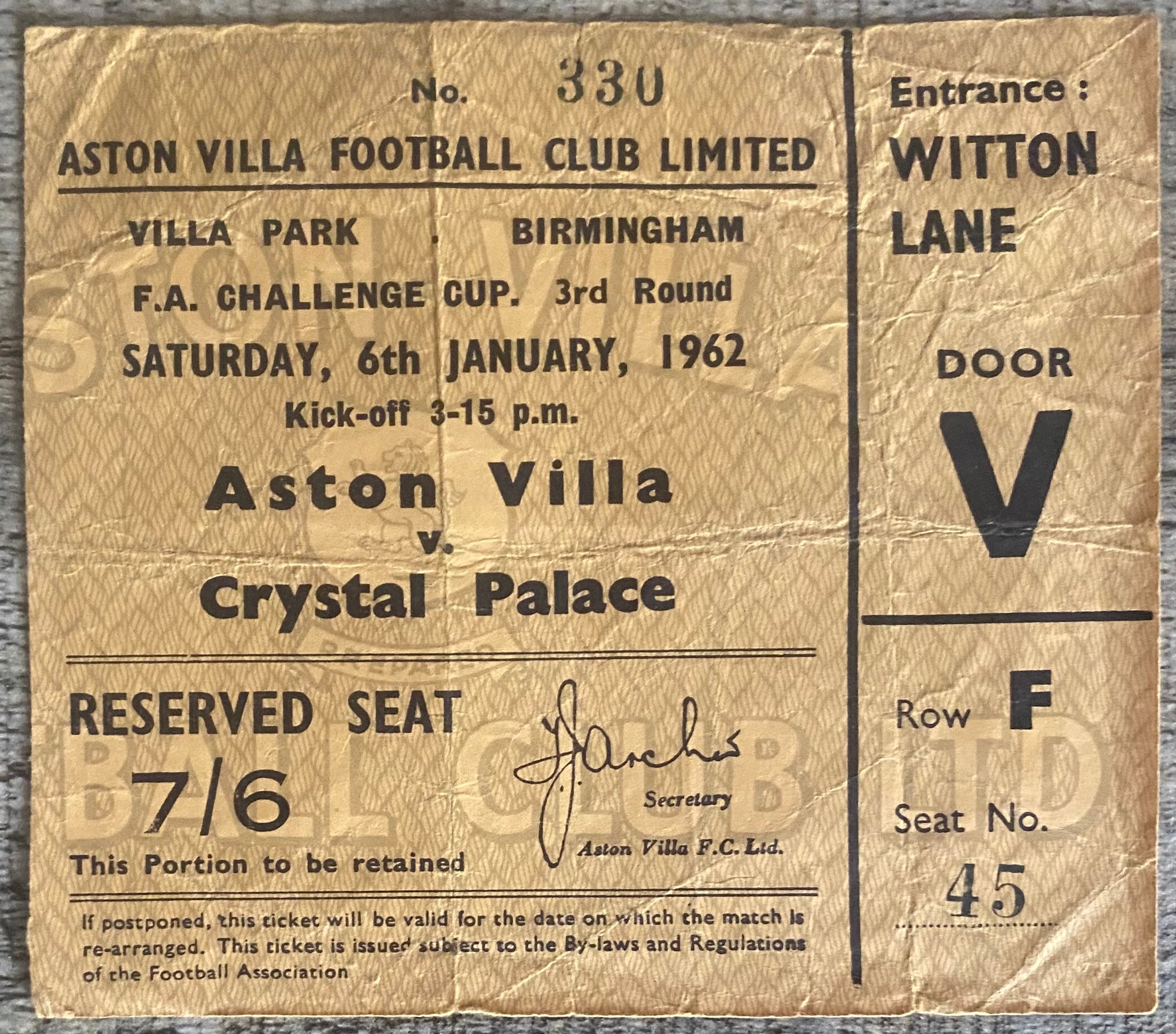 1961/62 ORIGINAL FA CUP 3RD ROUND TICKET ASTON VILLA V CRYSTAL PALACE