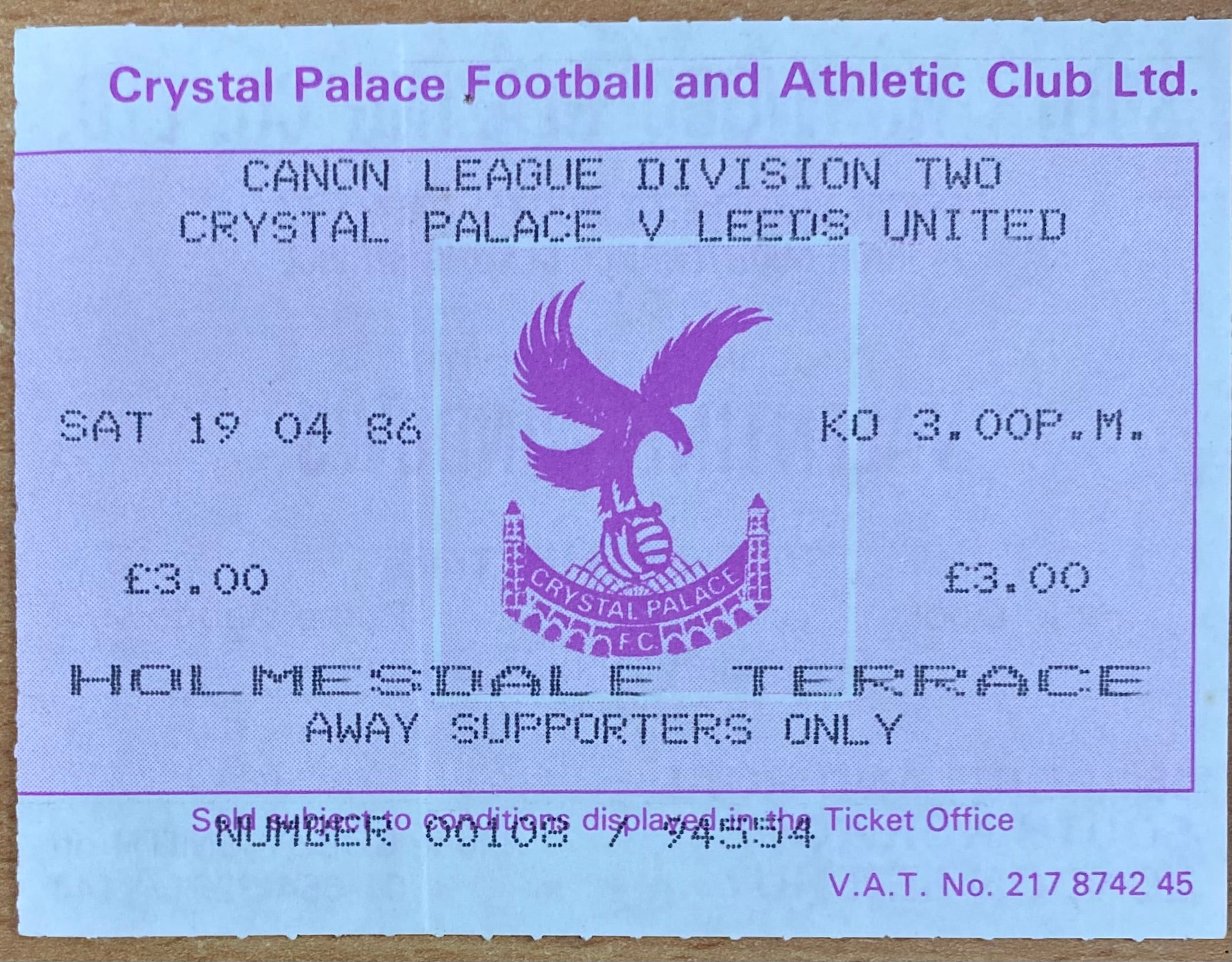 1985/86 ORIGINAL DIVISION 2 TICKET CRYSTAL PALACE V LEEDS UNITED