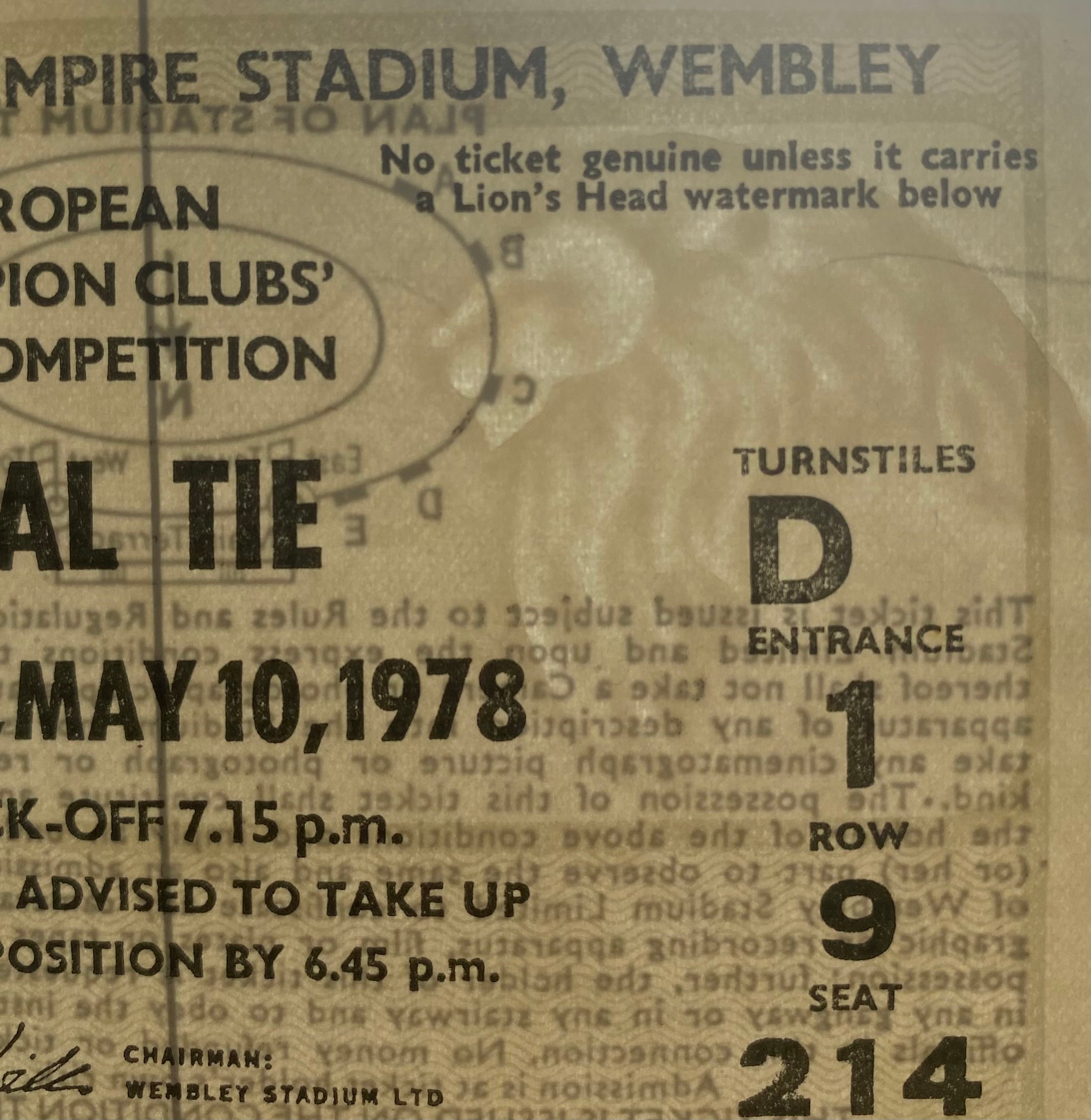 1978 ORIGINAL EUROPEAN CUP FINAL TICKET LIVERPOOL V FC BRUGES @ WEMBLEY