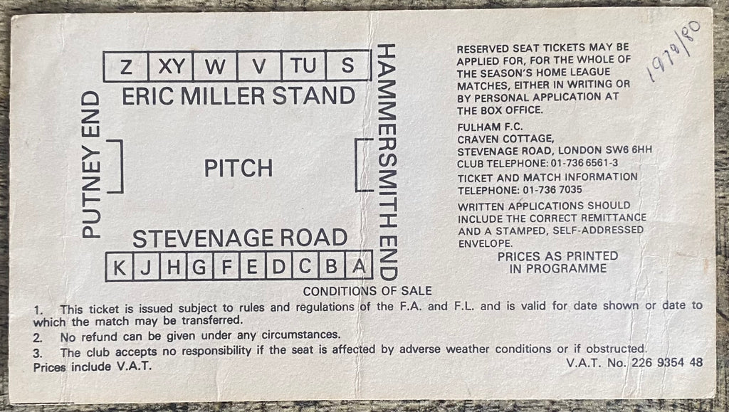 1979/80 ORIGINAL DIVISION 2 TICKET FULHAM V WEST HAM UNITED