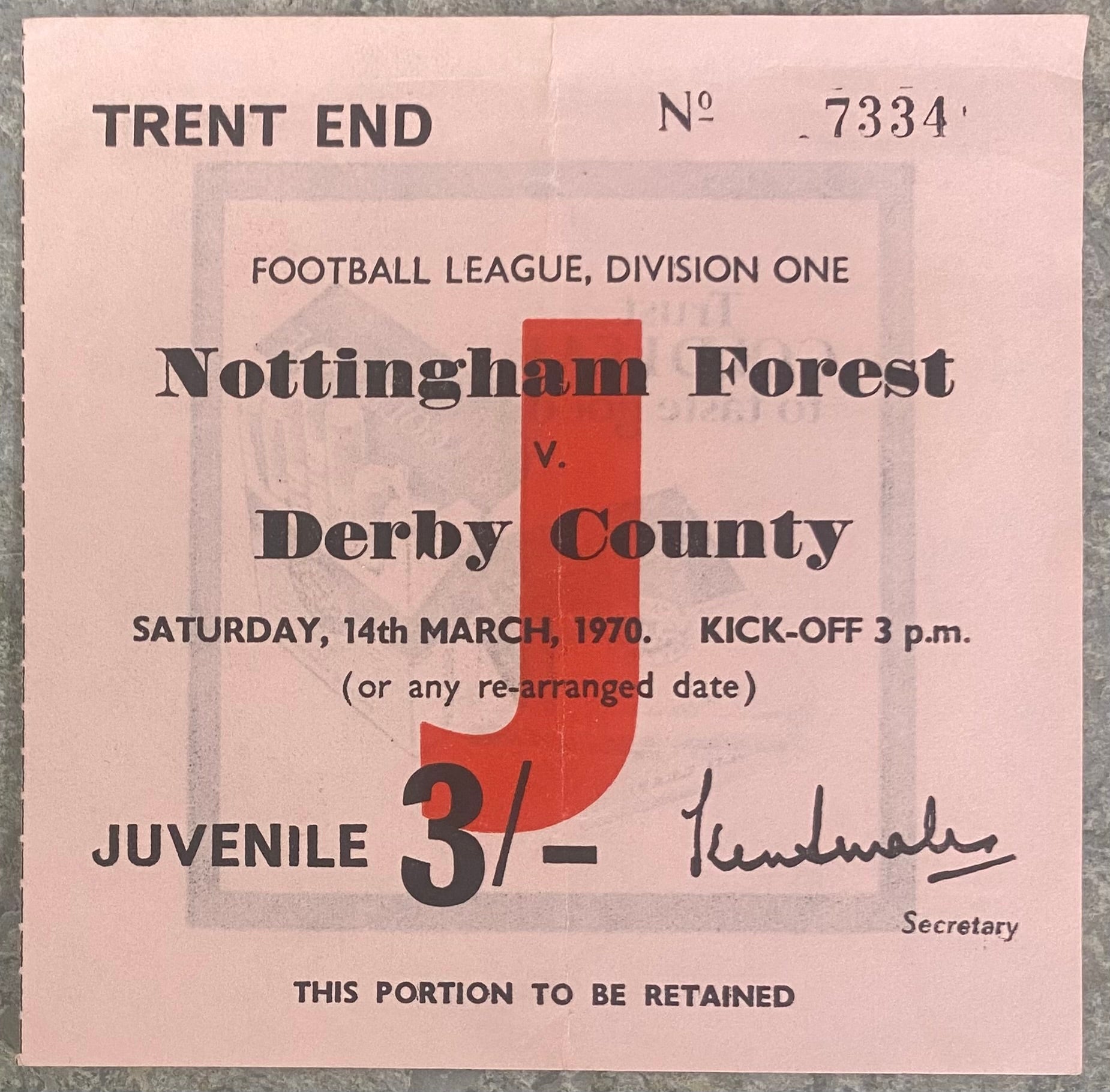 1969/70 ORIGINAL DIVISION 1 TICKET NOTTINGHAM FOREST V DERBY COUNTY