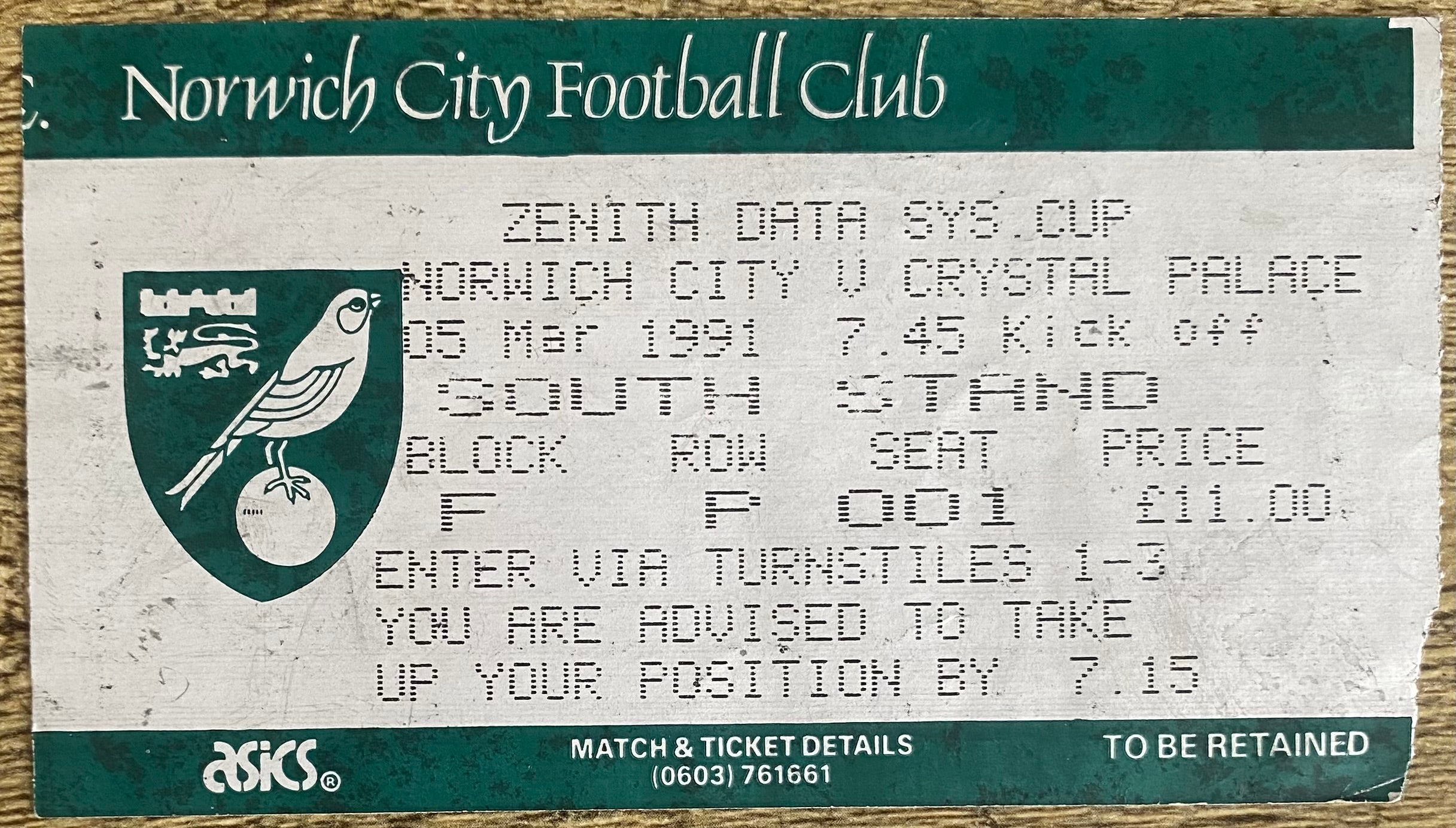 1990/91 ORIGINAL ZENITH DATA SYSTEMS CUP SOUTHERN AREA FINAL 1ST LEG TICKET NORWICH CITY V CRYSTAL PALACE