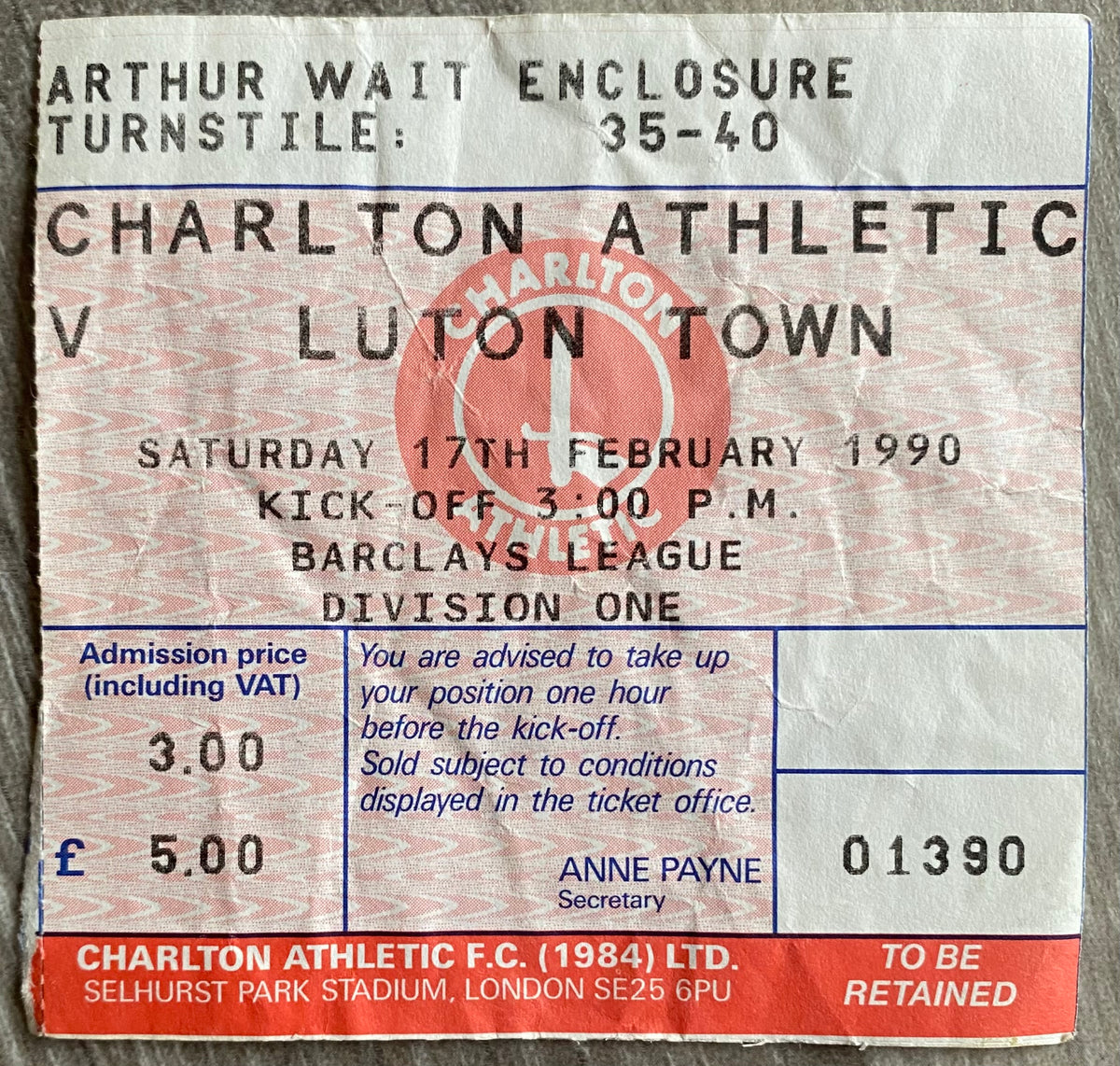 1989/90 ORIGINAL DIVISION ONE TICKET CHARLTON ATHLETIC V LUTON TOWN