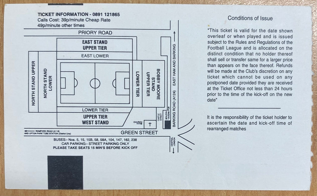 1994/95 ORIGINAL FA PREMIERSHIP TICKET WEST HAM UNITED V NORWICH CITY