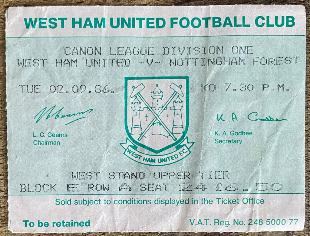 1986/87 ORIGINAL DIVISION ONE TICKET WEST HAM UNITED V NOTTINGHAM FOREST