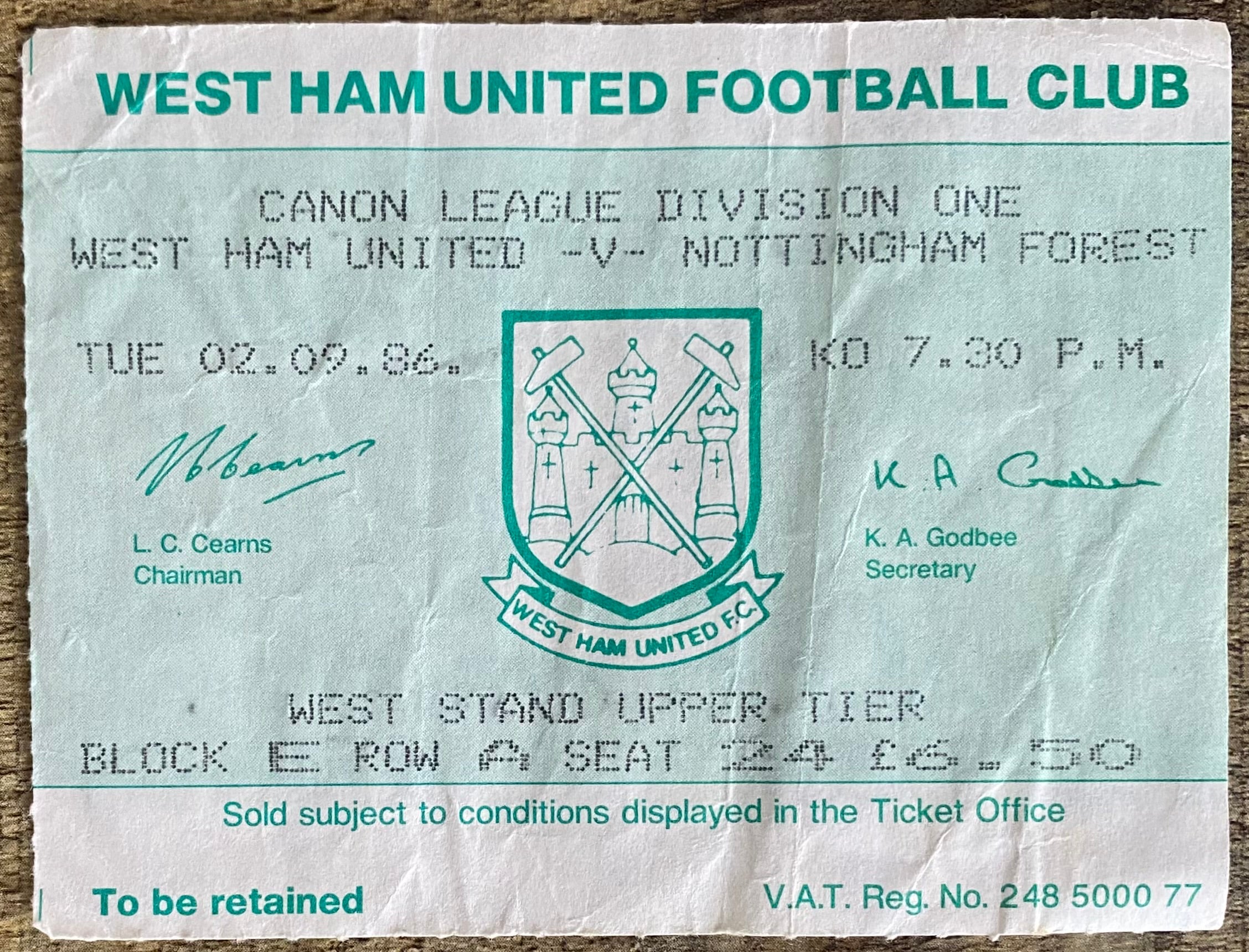 1986/87 ORIGINAL DIVISION ONE TICKET WEST HAM UNITED V NOTTINGHAM FOREST