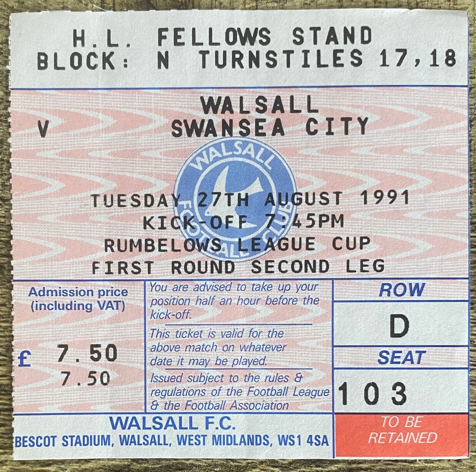 1991/92  ORIGINAL RUMBELOWS CUP 1ST ROUND 1ST LEG TICKET WALSALL V SWANSEA CITY