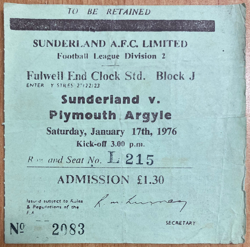 1975/76 ORIGINAL DIVISION 2 TICKET SUNDERLAND V PLYMOUTH ARGYLE