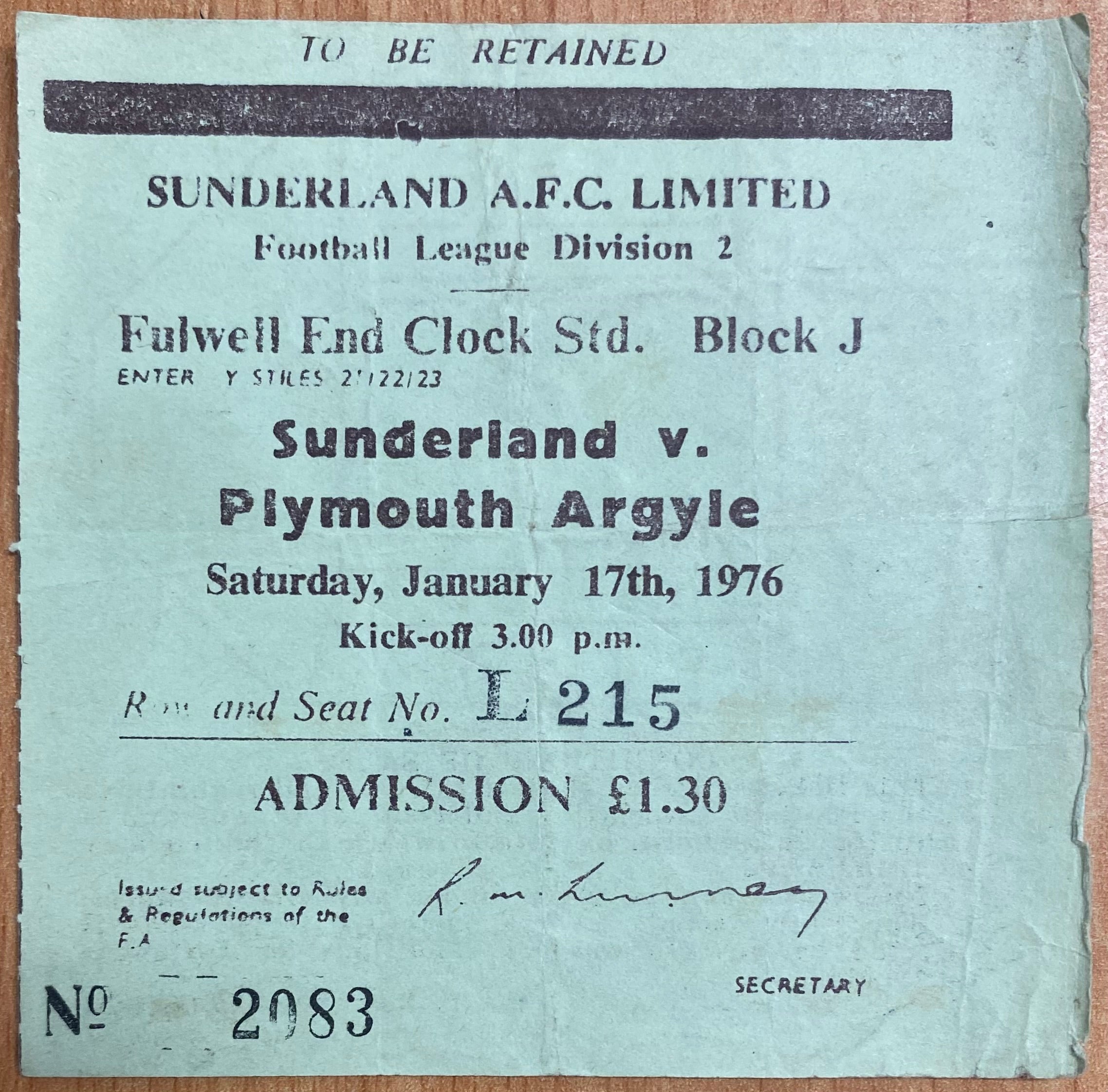 1975/76 ORIGINAL DIVISION 2 TICKET SUNDERLAND V PLYMOUTH ARGYLE