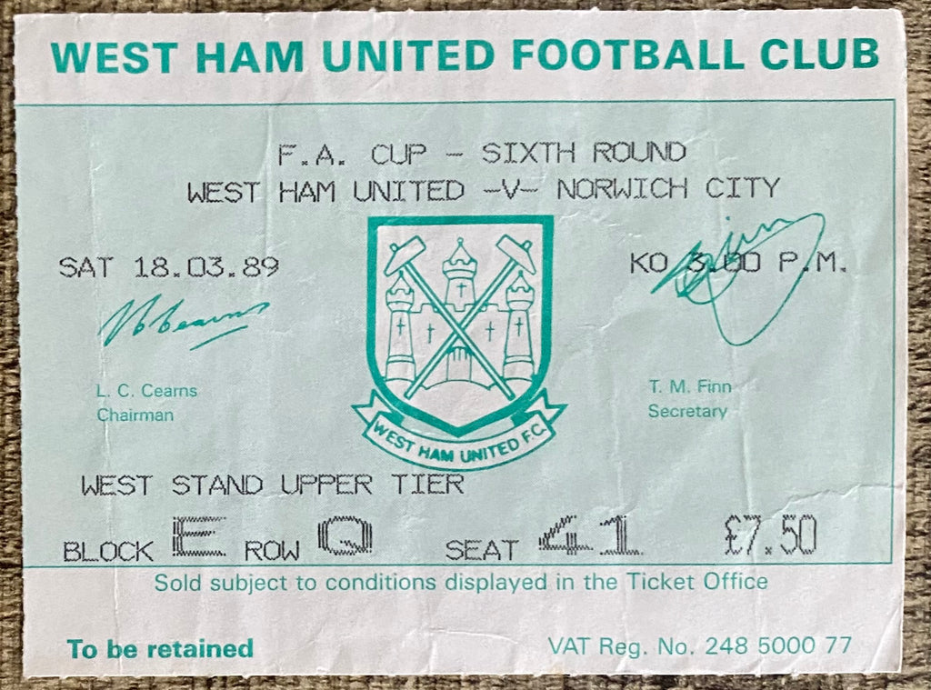1988/89 ORIGINAL FA CUP 6TH ROUND TICKET WEST HAM UNITED V NORWICH CITY